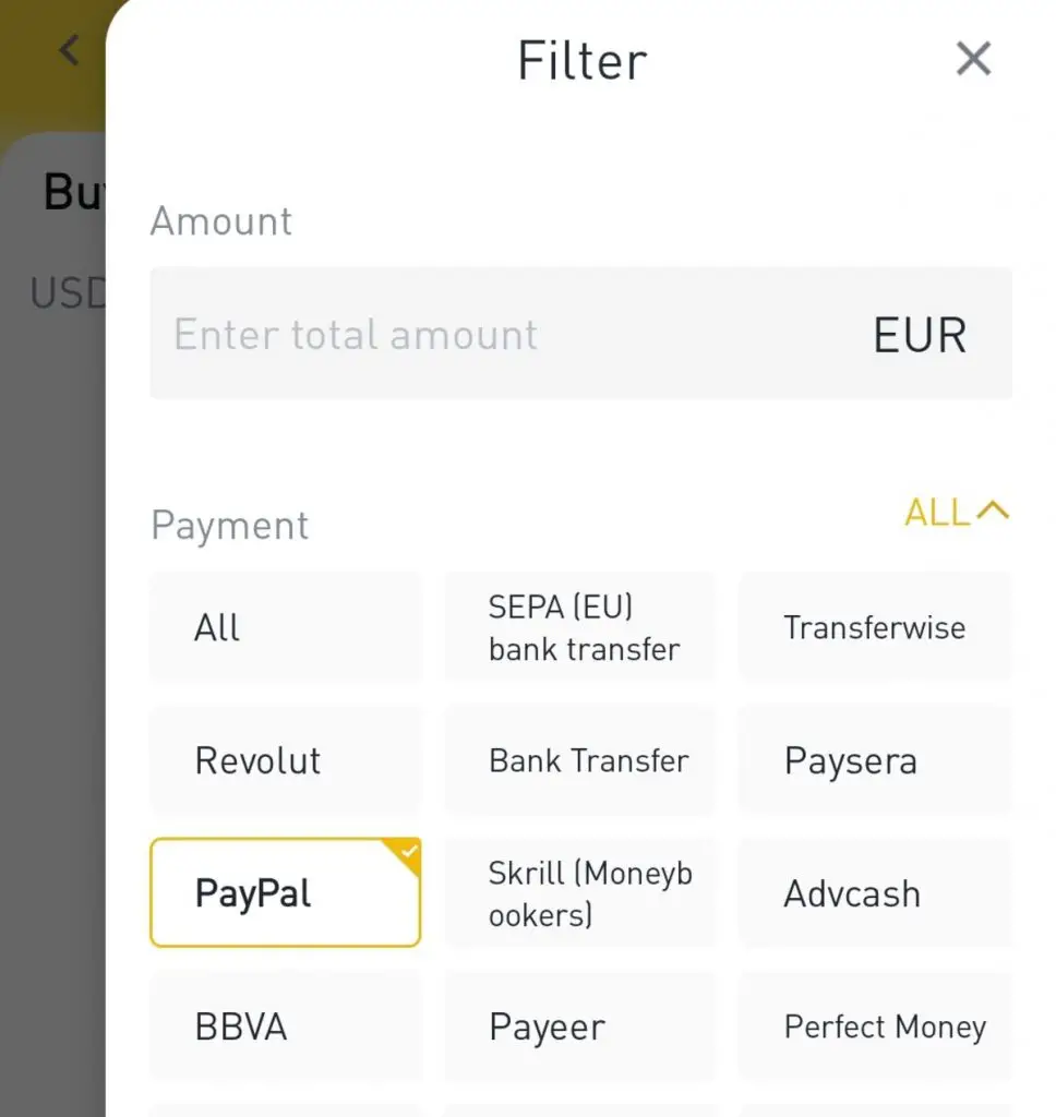Filtro de PayPal en Binance P2P
